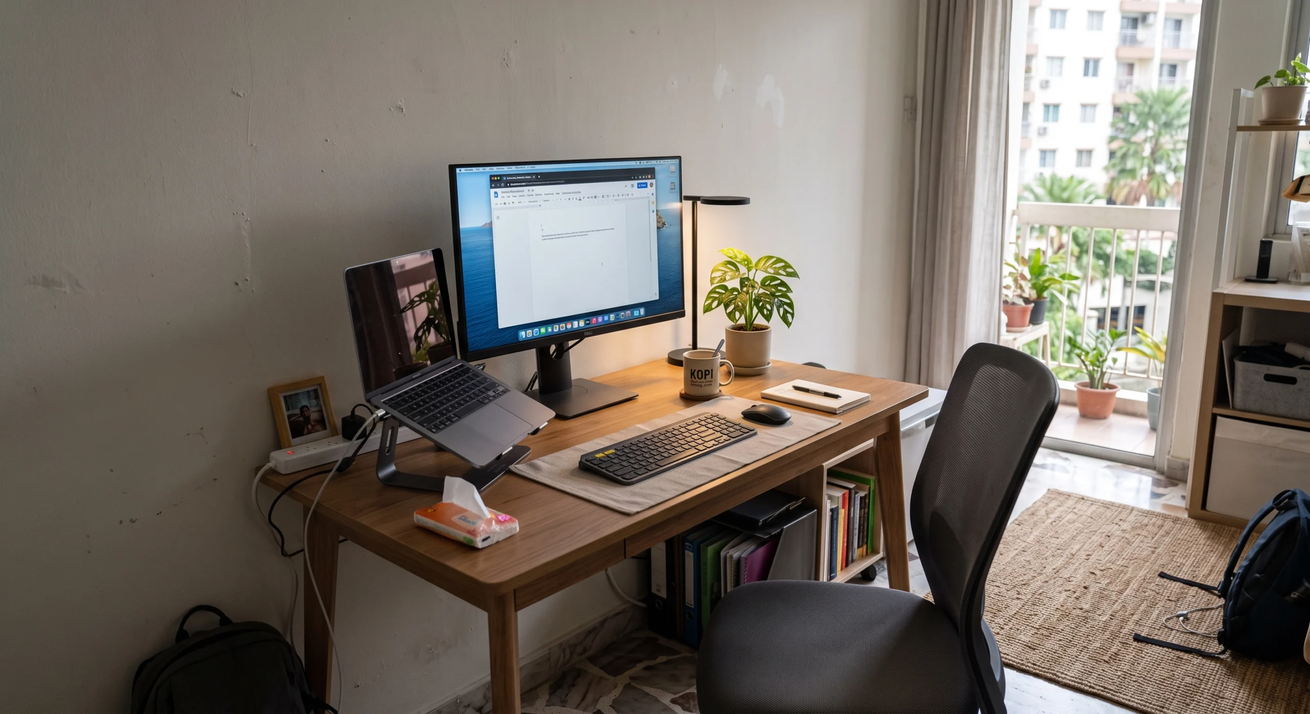 Monitor positioned on a compact desk workspace
