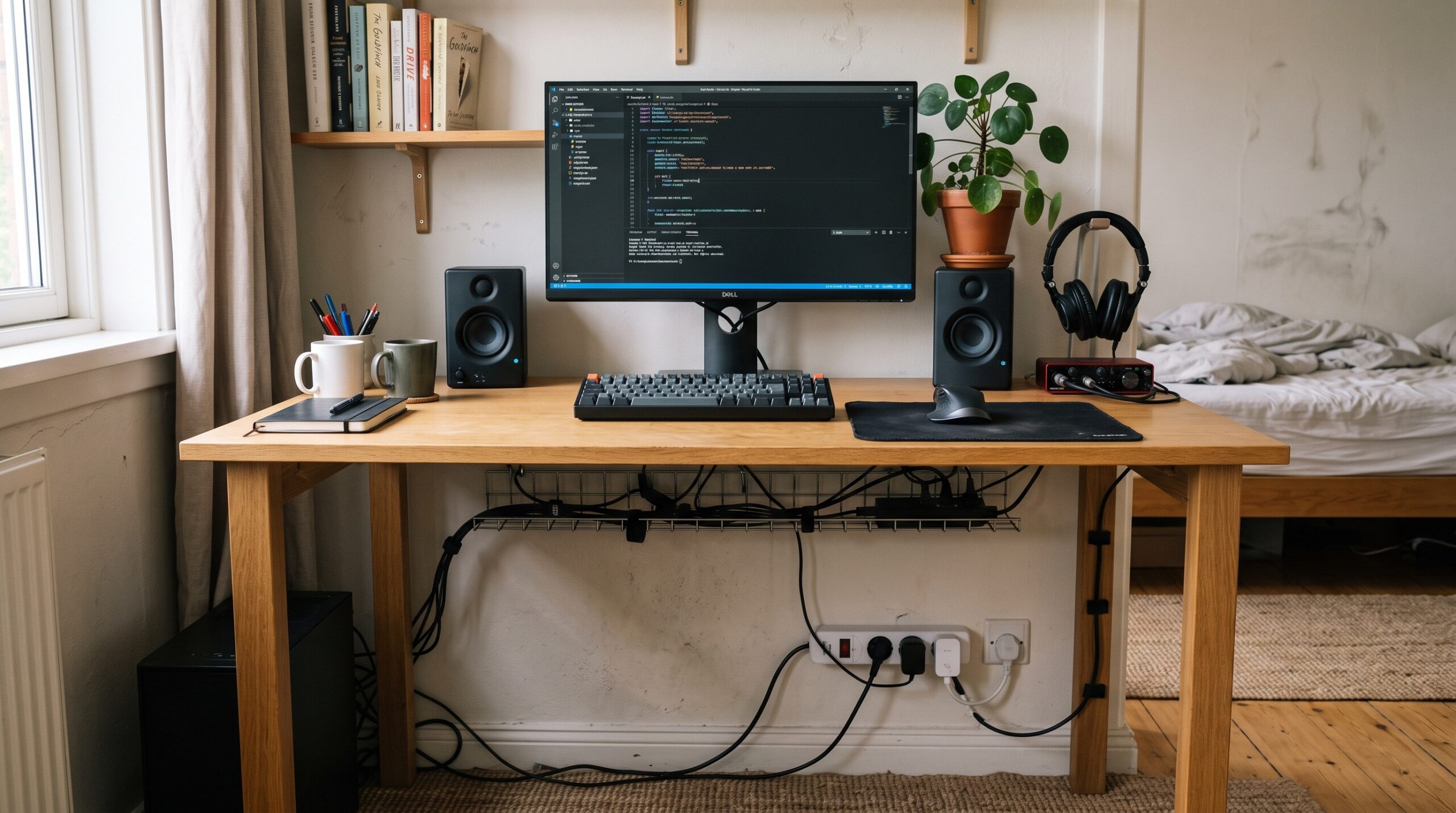 Home workspace with organized cables routed underneath a desk