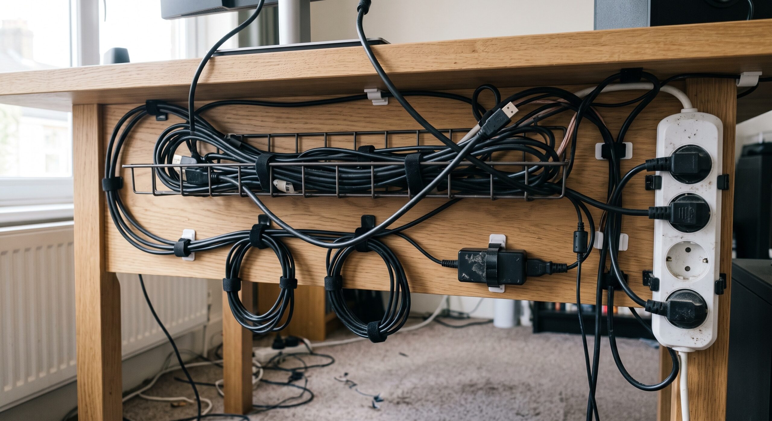 Close-up of cables organized using an under-desk cable tray and cable clips