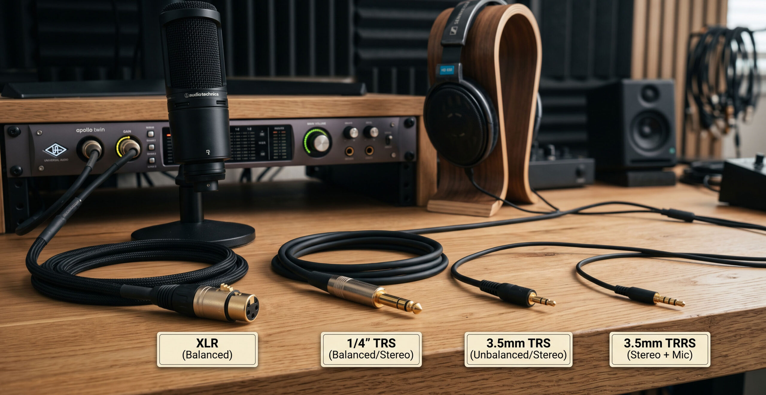 Audio Cable Guide showing XLR TRS TRRS 3.5mm and 6.35mm cables