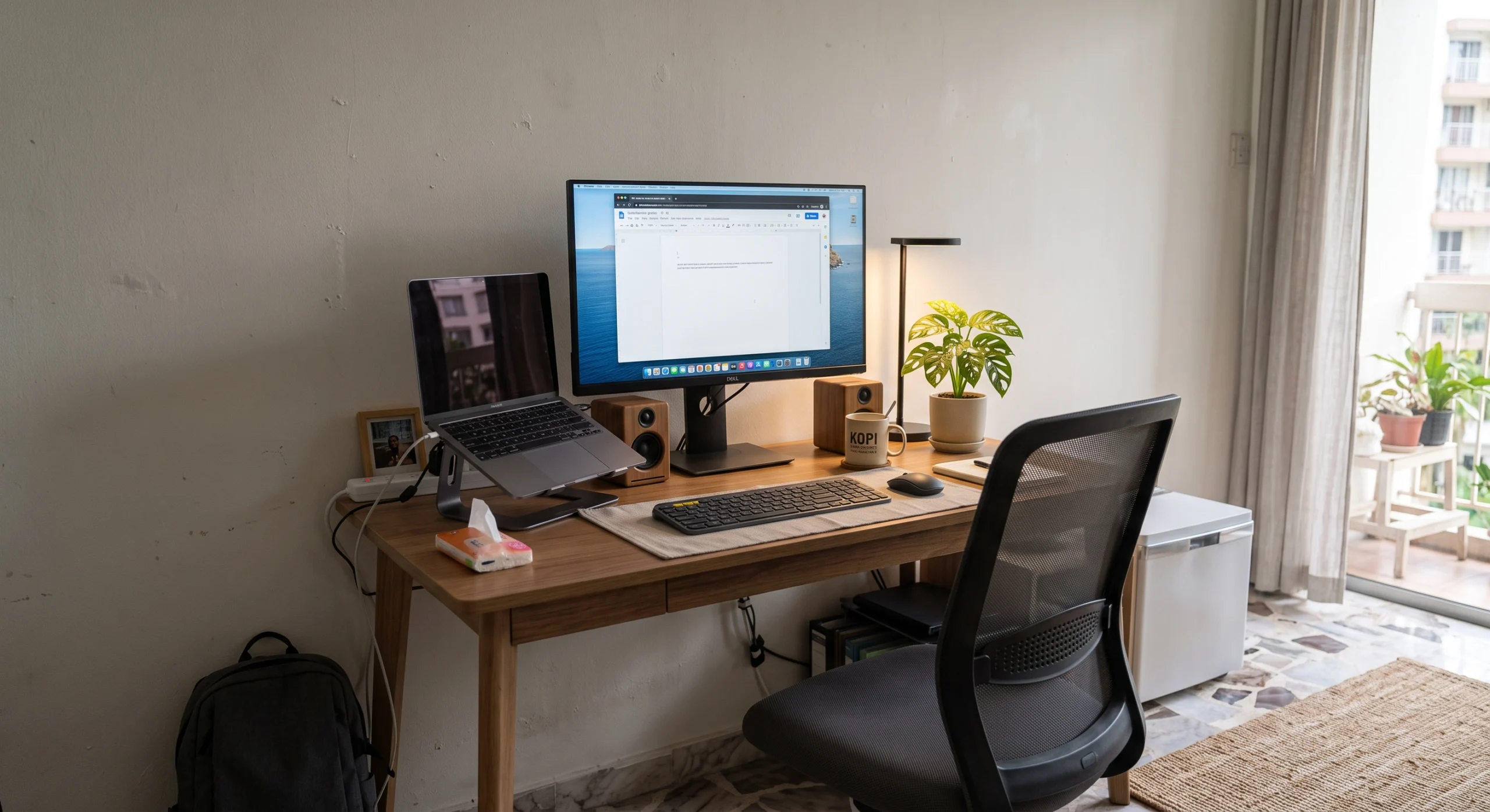 Monitor setup in a compact workspace