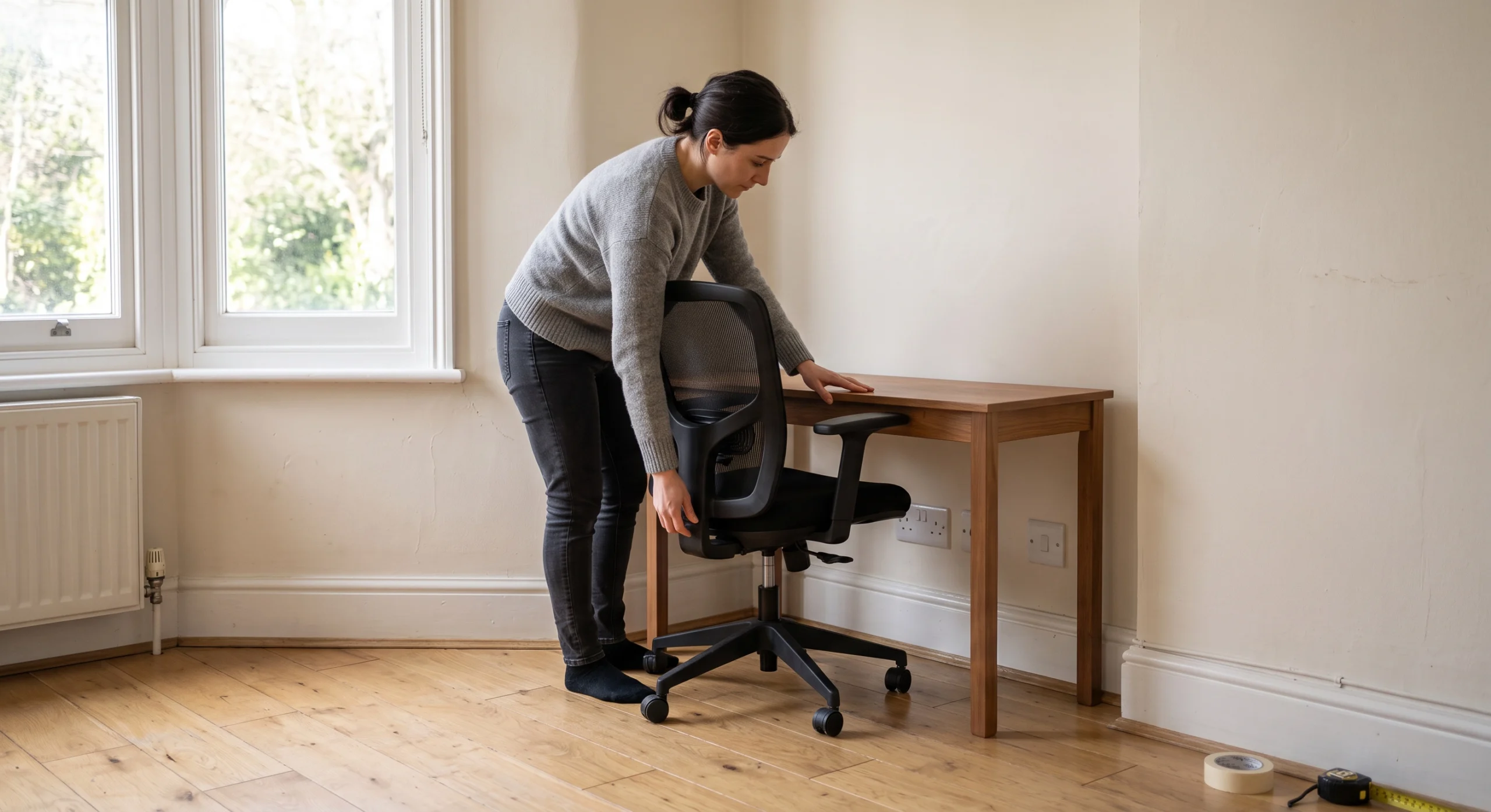 Compact desk and ergonomic chair setup