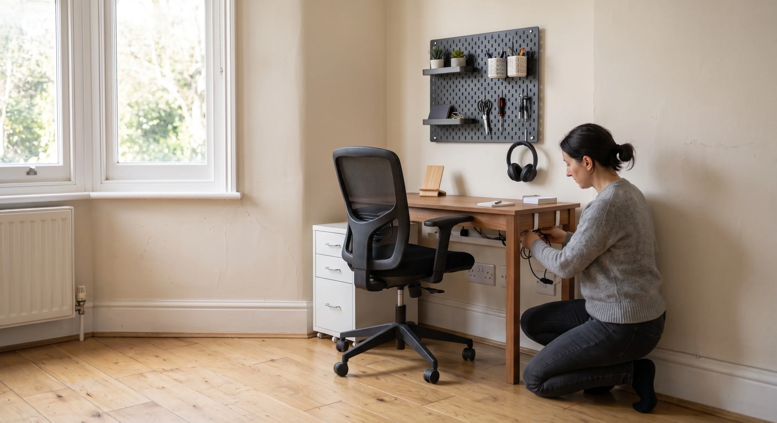 Compact workspace with pegboard and organized cables