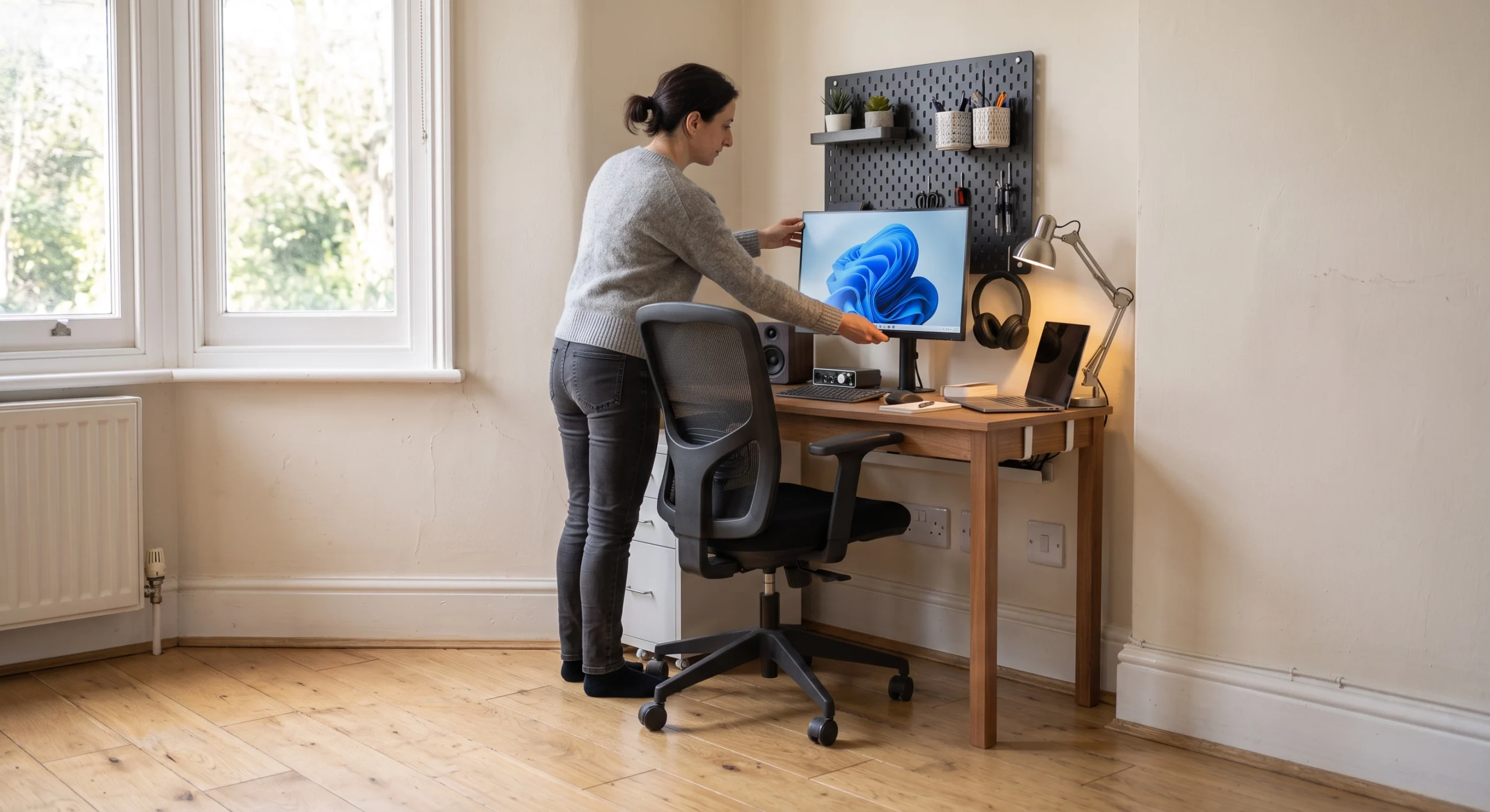 Compact workspace with monitor equipment and lighting