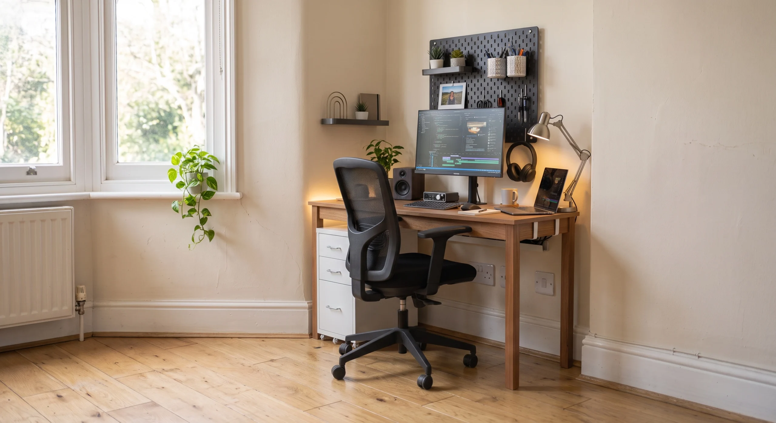 Finished compact workspace with plants, monitor and lighting